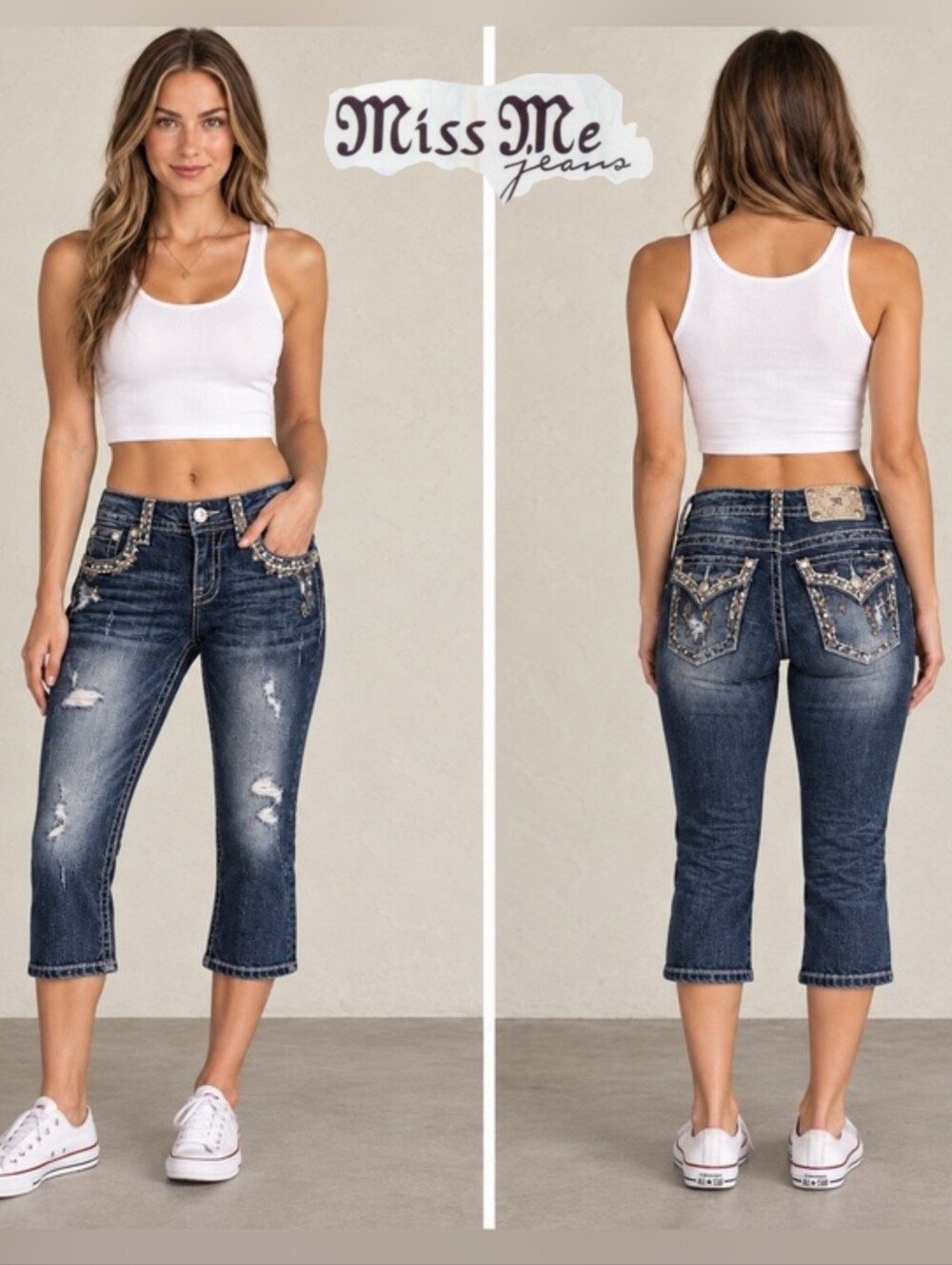 Miss Me Easy Crop Distressed Denim Capri Jeans JE5846EC3 Bling Flap Pocket